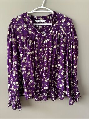 Zara Purple Floral Button-Front Ruffle Hem Blouse